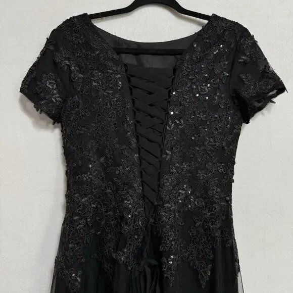 Women’s Black Lace Maxi Dress Size 12 Formal Short Sleeve Drawstring Prom NWOT - Picture 14 of 16